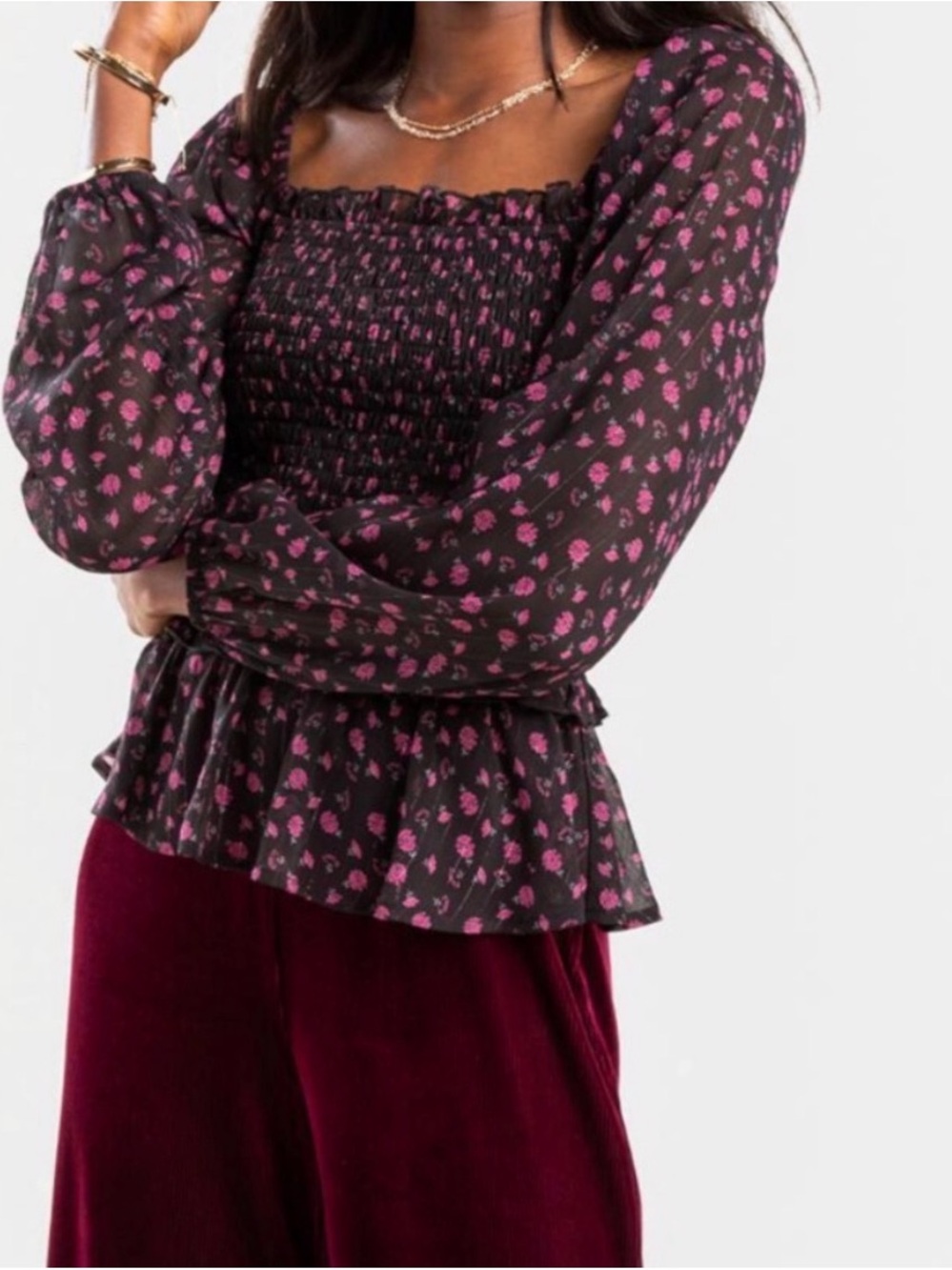 Francesca's Collections Black Smocked Square-Neck Top with Pink Floral Small NWT
